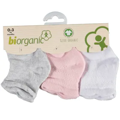 Bibaby Unisex Organik Çorap Soket 3lü Basic Desenli Beyaz - Pembe - Gri 