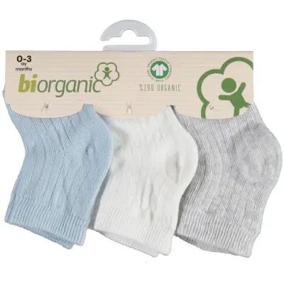 Bibaby Unisex Organik Çorap Soket 3lü Basic Desenli Ekru - Mavi - Gri