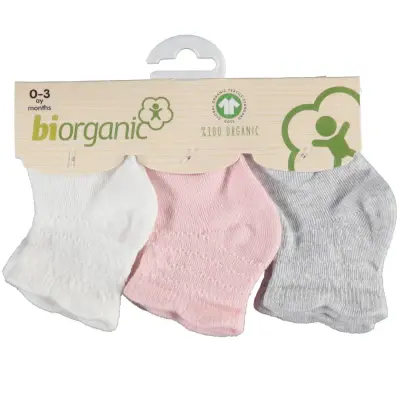 Bibaby Unisex Organik Çorap Soket 3lü Basic Desenli Ekru - Pembe - Gri 