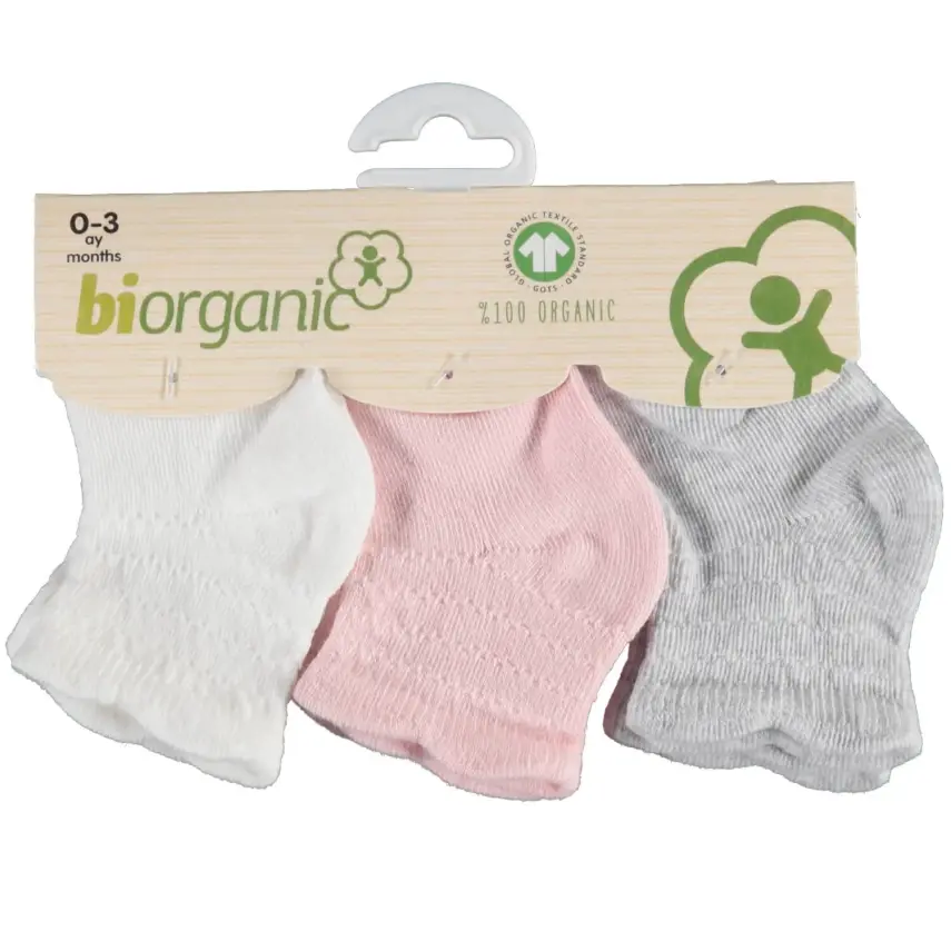 Bibaby Unisex Organik Çorap Soket 3lü Basic Desenli Ekru - Pembe - Gri - 1
