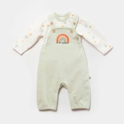 Bibaby Unisex Organik Salopet Tulum Tiny Birds Ekru - Yeşil