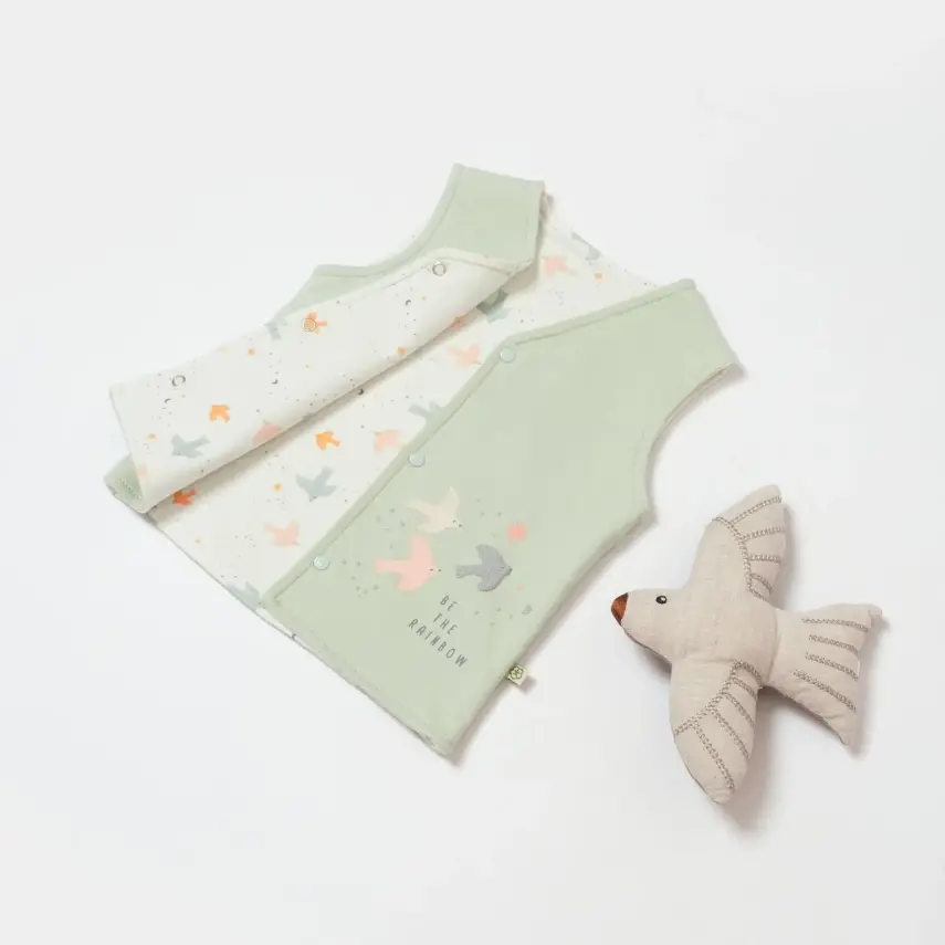 Bibaby Unisex Organik Yelek Tiny Birds Ekru - Yeşil - 3