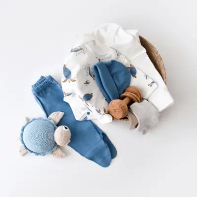 Bibaby Unisex Organik Zıbın Takımı Caretta In Live Prematüre Ekru - İndigo - 9