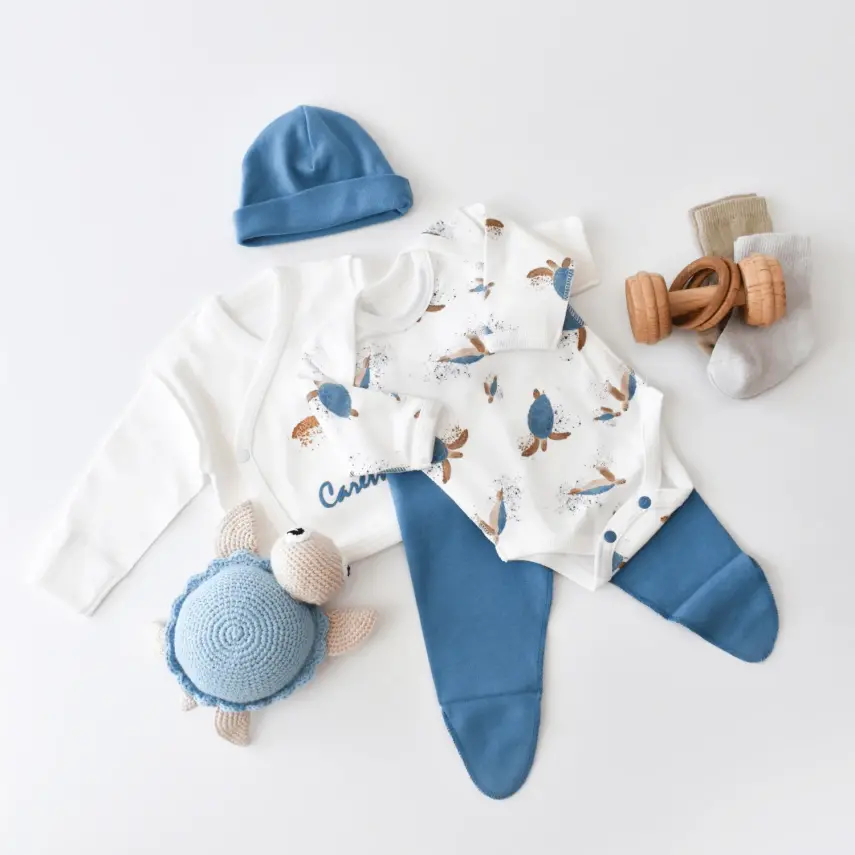 Bibaby Unisex Organik Zıbın Takımı Caretta In Live Prematüre Ekru - İndigo - 14