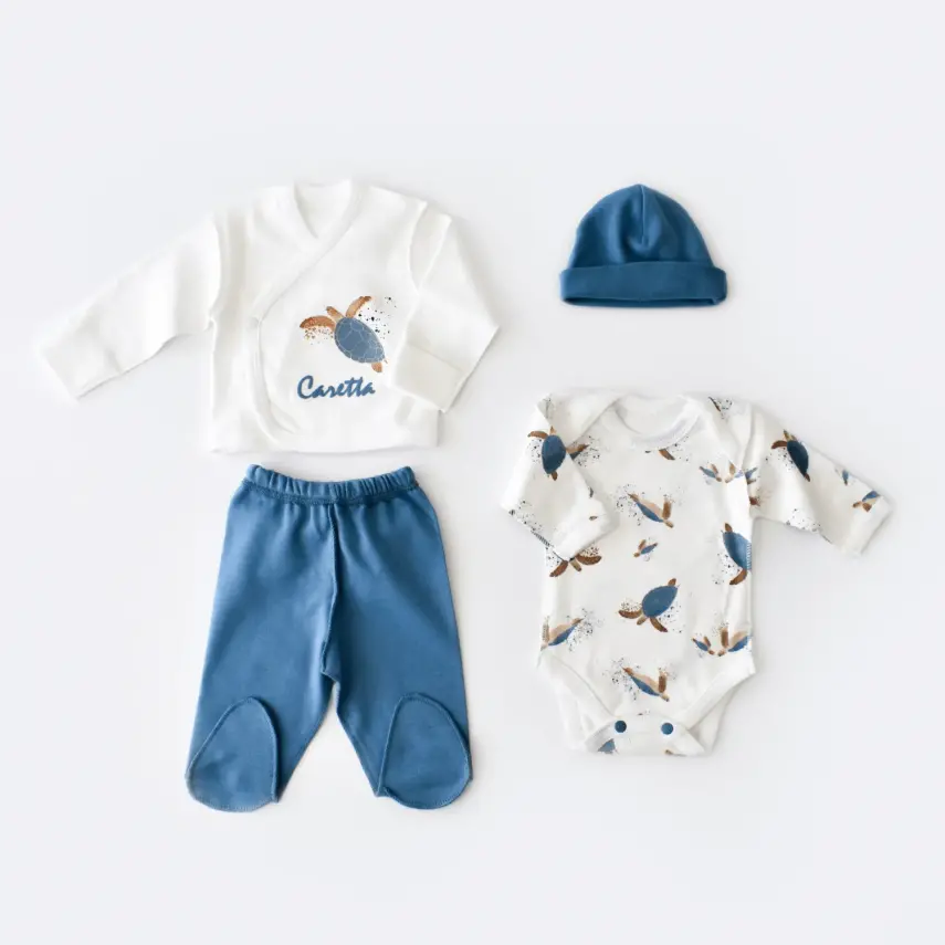 Bibaby Unisex Organik Zıbın Takımı Caretta In Live Prematüre Ekru - İndigo - 1