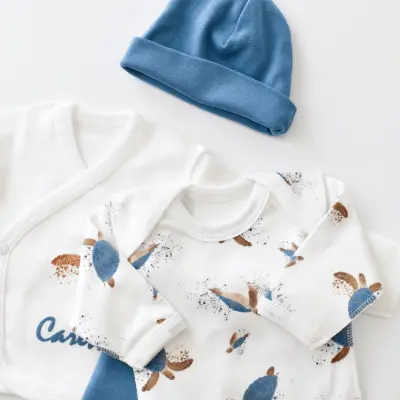 Bibaby Unisex Organik Zıbın Takımı Caretta In Live Prematüre Ekru - İndigo - 3