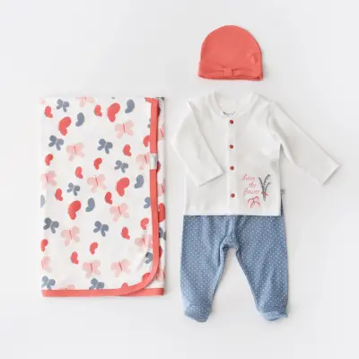 Bibaby Unisex Organk Zıbın Takımı Battaniyeli Tüllü Wild Flowers Coral