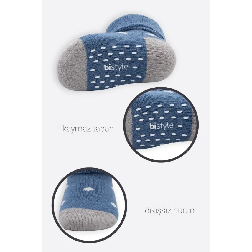 Bistyle Erkek Çorap Soket Havlu 2li Kaymaz Point Boy İndigo - Gri - 7