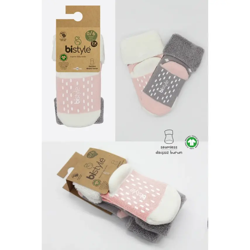 Bistyle Kız Çorap Soket Havlu 2li Kaymaz Point Girl Gri - Pudra - 3