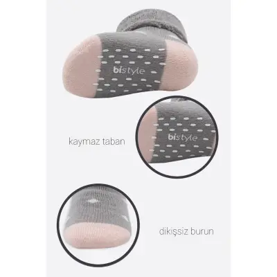 Bistyle Kız Çorap Soket Havlu 2li Kaymaz Point Girl Gri - Pudra - 6