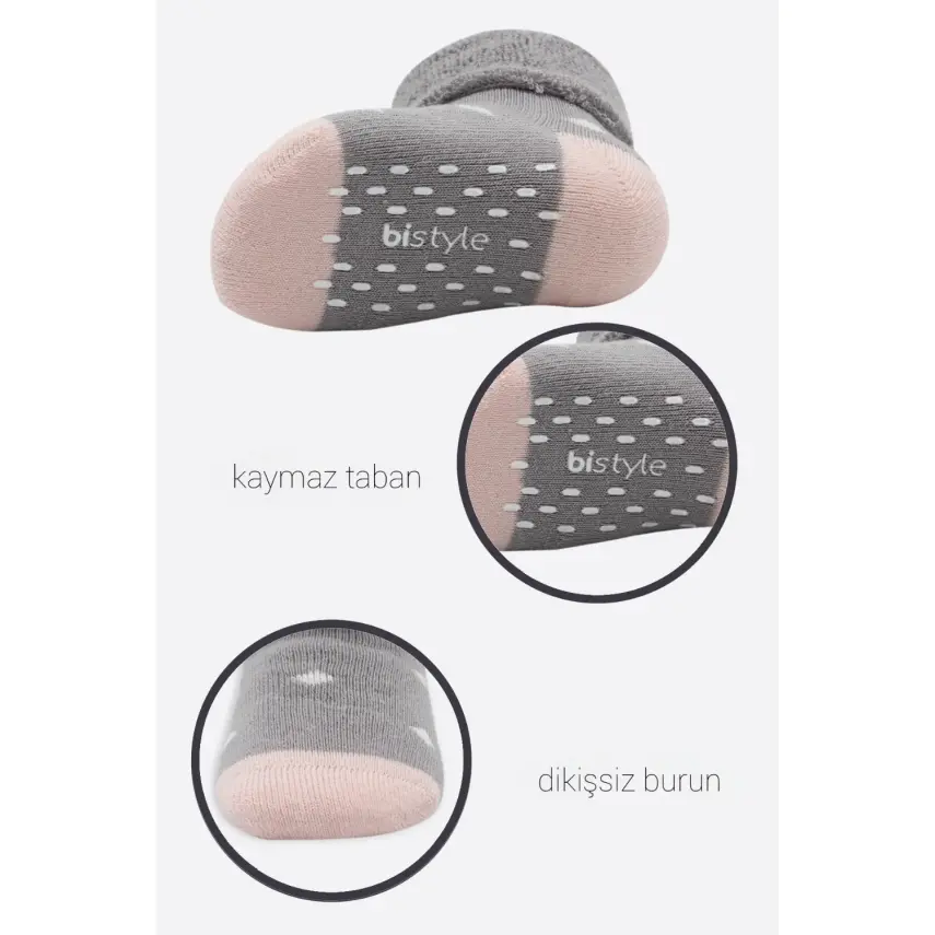 Bistyle Kız Çorap Soket Havlu 2li Kaymaz Point Girl Gri - Pudra - 6
