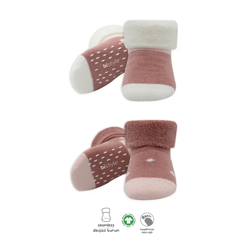 Bistyle Kız Çorap Soket Havlu 2li Kaymaz Point Girl Pudra - Pembe - 1