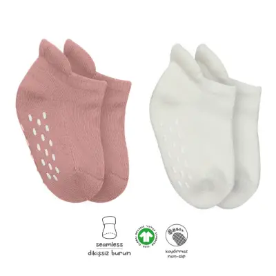 Bistyle Organik Çorap Sneakers Havlu 2li Kaymaz Basic Pudra - Ekru 