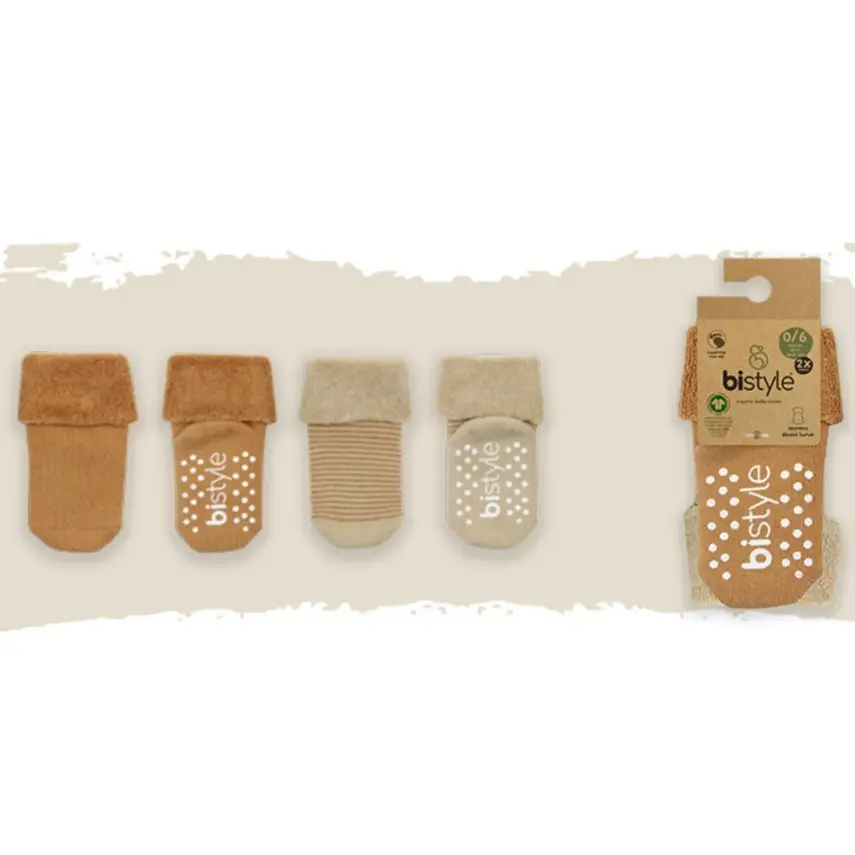 Bistyle Unisex Organik Çorap Soket Havlu 2li Kaymaz Çemberli Kıvrık Bej - Hardal - 2