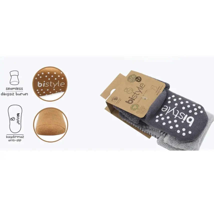 Bistyle Unisex Organik Çorap Soket Havlu 2li Kaymaz Çemberli Kıvrık Gri - Antrasit - 2