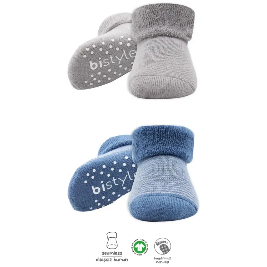 Bistyle Unisex Organik Çorap Soket Havlu 2li Kaymaz Çemberli Kıvrık İndigo - Gri - 1