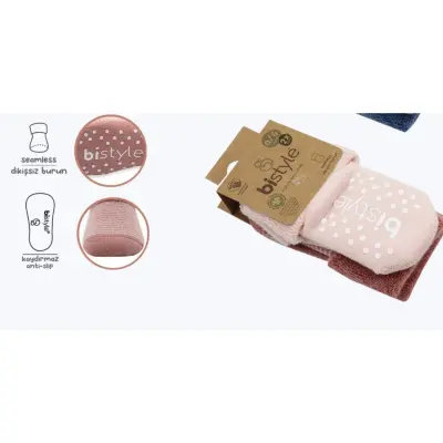 Bistyle Unisex Organik Çorap Soket Havlu 2li Kaymaz Çemberli Kıvrık Pudra - Pembe - 6