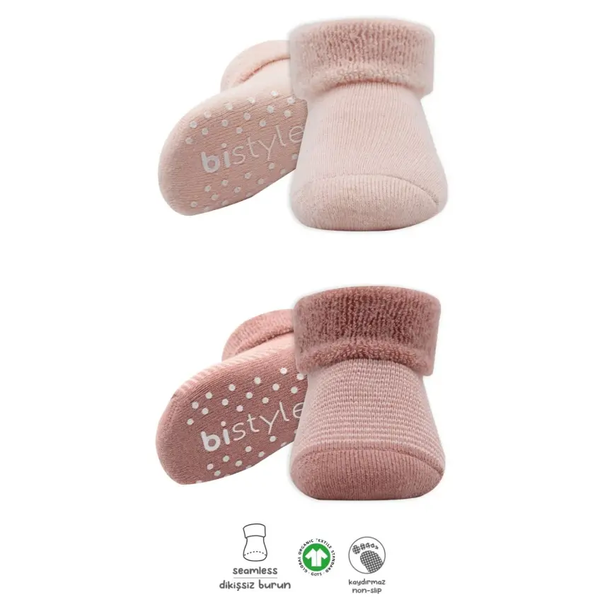Bistyle Unisex Organik Çorap Soket Havlu 2li Kaymaz Çemberli Kıvrık Pudra - Pembe - 1