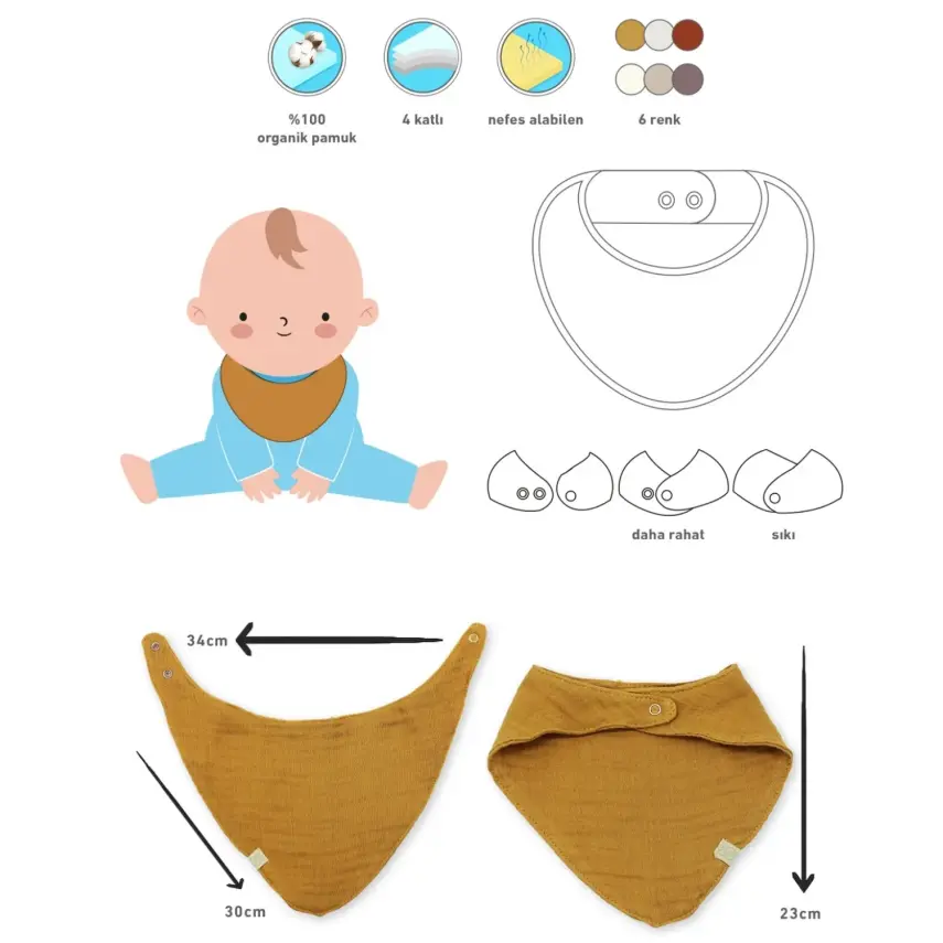 Bistyle Unisex Organik Fular Önlük Müslin 3lü Kiremit - Bej - Hardal - 6