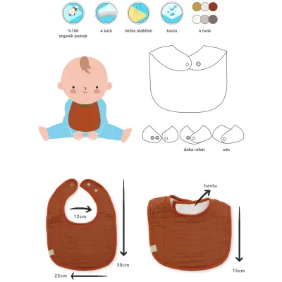 Bistyle Unisex Organik Fular Önlük Müslin 3lü Kiremit - Bej - Hardal - 9