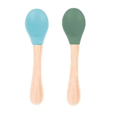 BM Care Bambu Saplı Silikon Mama Kaşığı  9+ ay Mavi-Yeşil 2 li