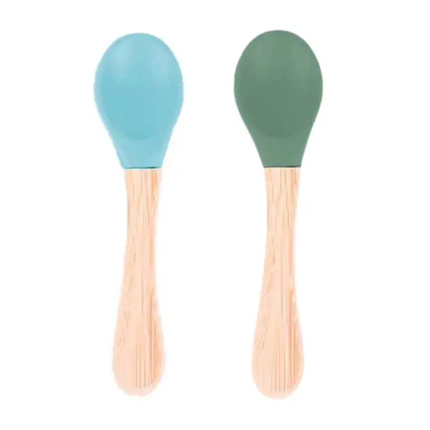 BM Care Bambu Saplı Silikon Mama Kaşığı  9+ ay Mavi-Yeşil 2 li - 1