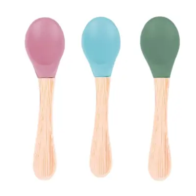 BM Care Bambu Saplı Silikon Mama Kaşığı 9+ ay Yeşil-Mavi-Pembe 3 lü