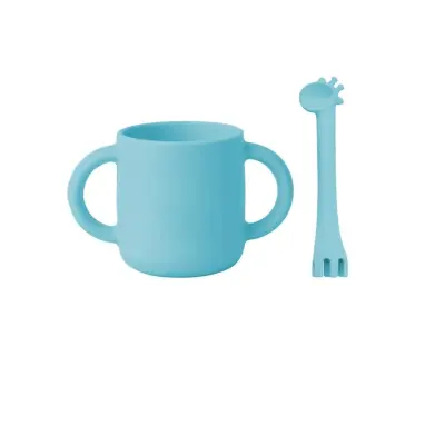 BM Care Mini bardaklı Mama Çatal Kaşık Zürafa Seti Mavi