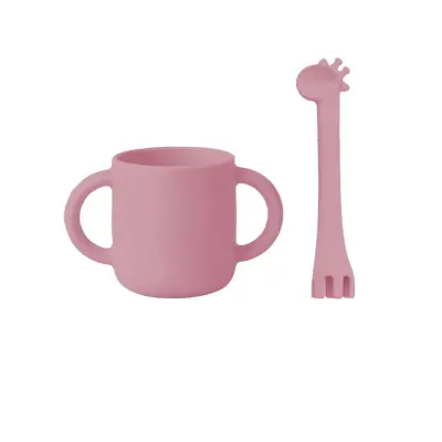 BM Care Mini bardaklı Mama Çatal Kaşık Zürafa Seti Pembe 