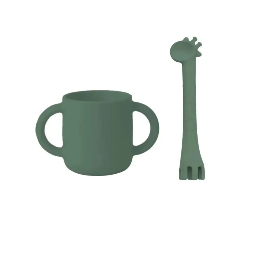 BM Care Mini bardaklı Mama Çatal Kaşık Zürafa Seti Yeşil - 1