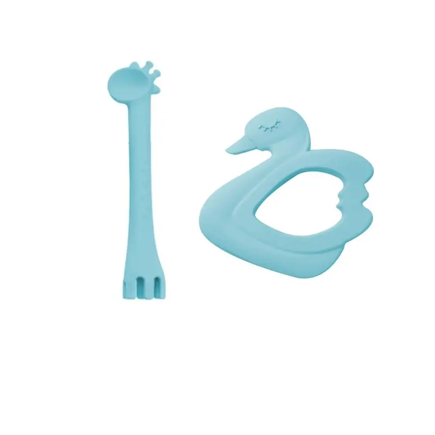 BM Care  Silikon Çatal Kaşık Zürafa, Kuğu Diş Kaşıyıcı Mavi 2li Set - 1