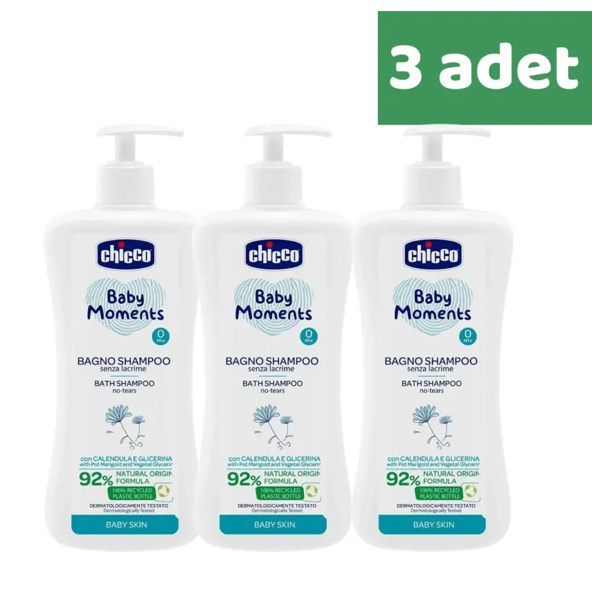 Chicco Baby Moments Doğal Göz Yakmayan Bebek Saç ve Vücut Şampuanı 750 ml x 3 Adet - 1