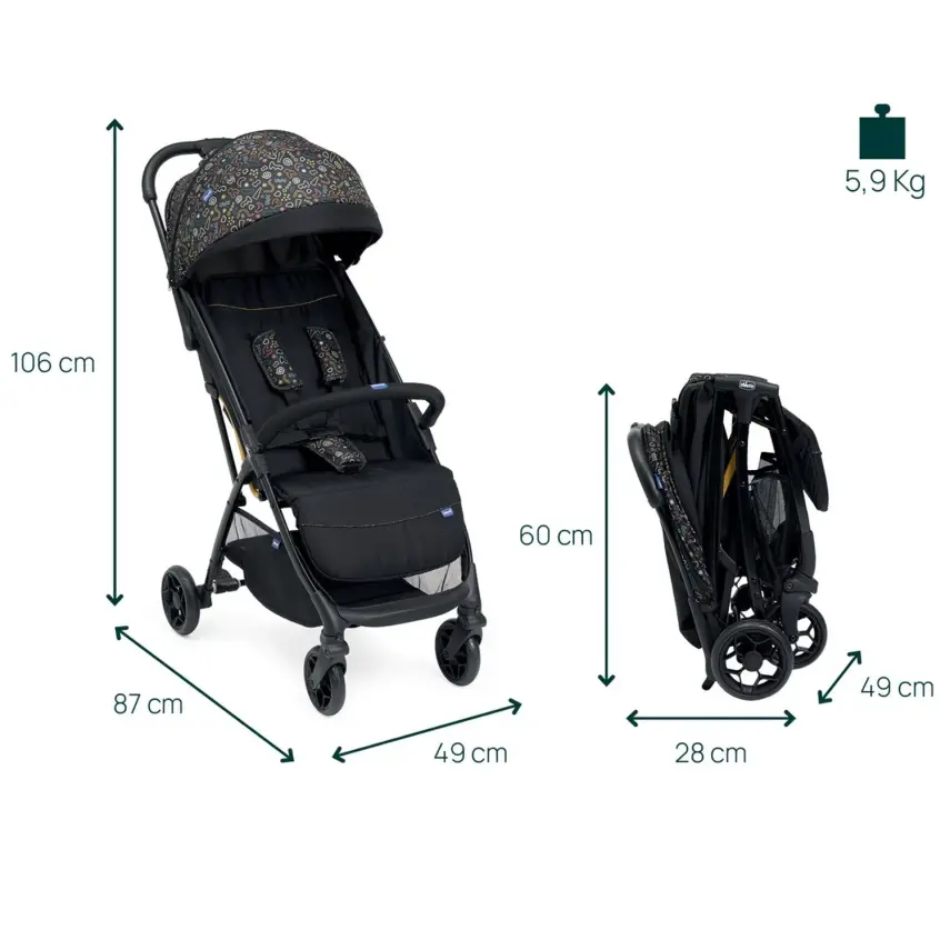 Chicco Glee Güneş-Su Geçirmez Otomatik Katlanan Kabin Bebek Arabası Playful Black - 4