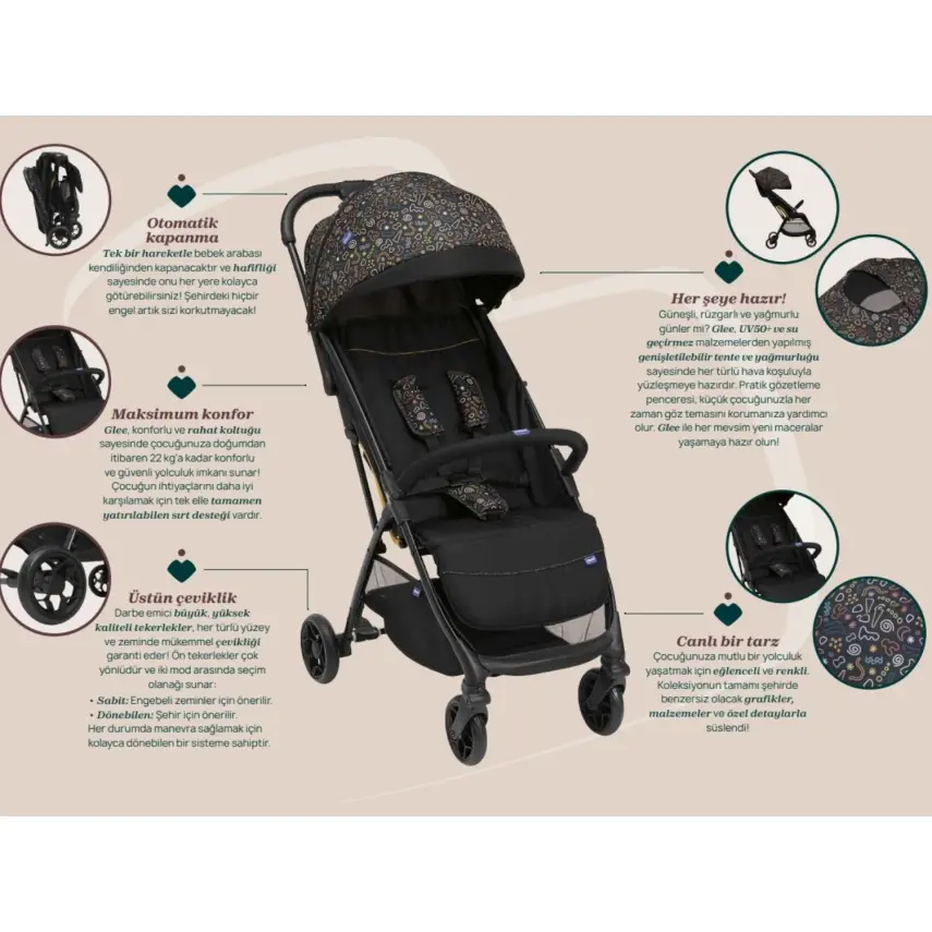 Chicco Glee Güneş-Su Geçirmez Otomatik Katlanan Kabin Bebek Arabası Playful Black - 9