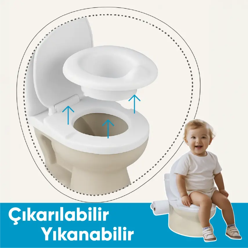 Dolu Nuve Eğitici Lazımlık Bebek Klozet Sifon Sesli Bej-Beyaz - 9