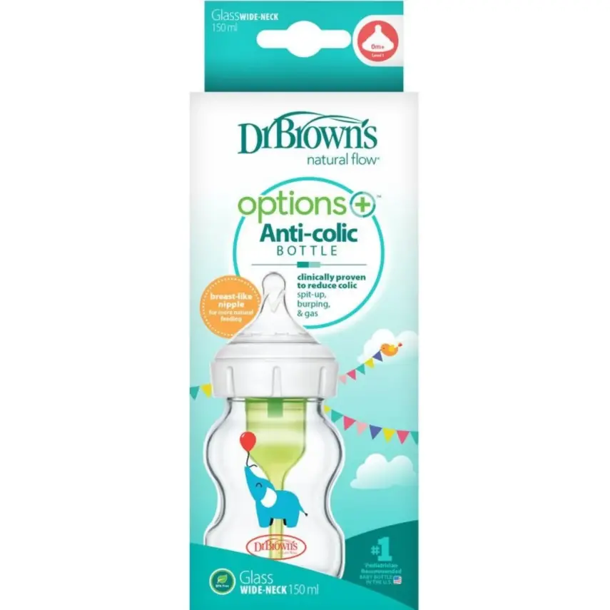 Dr Browns Geniş Ağız Anti-Kolik Options+ Desenli Cam Biberon Fil150 ml - 2