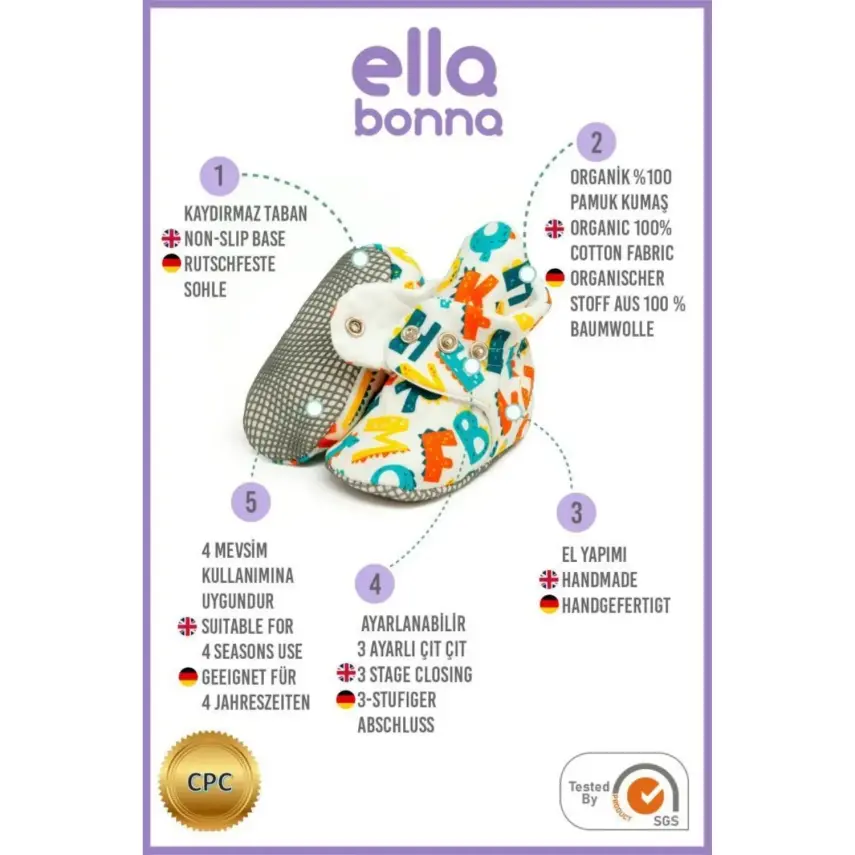 Ella Bonna Unisex Ev Botu Organik Pamuk Kaydırmaz Taban Alfabe - 4