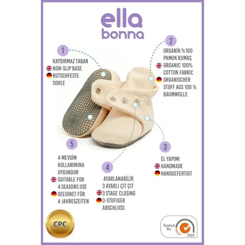 Ella Bonna Unisex Ev Botu Organik Pamuk Kaydırmaz Taban Bej - 3