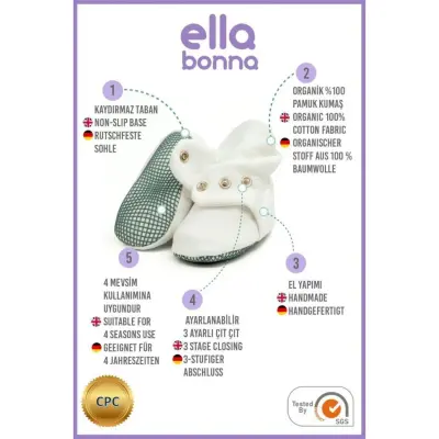 Ella Bonna Unisex Ev Botu Organik Pamuk Kaydırmaz Taban Beyaz - 3