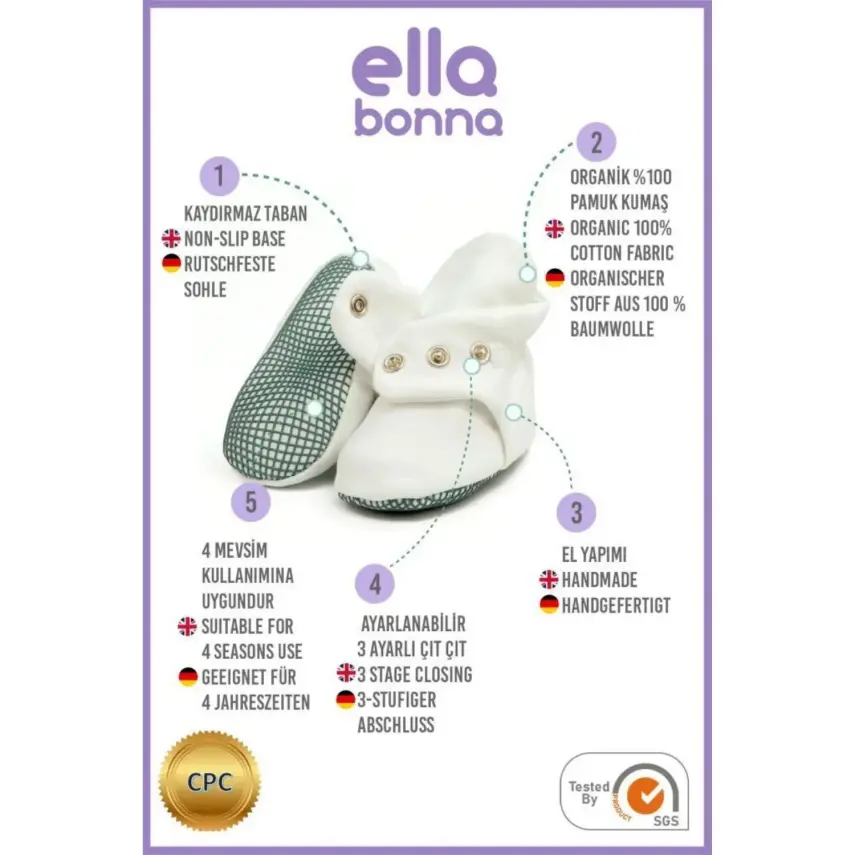 Ella Bonna Unisex Ev Botu Organik Pamuk Kaydırmaz Taban Beyaz - 3