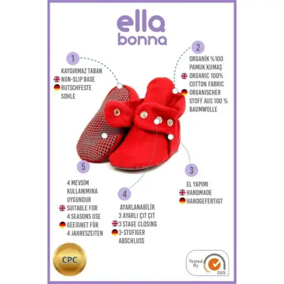 Ella Bonna Unisex Ev Botu Organik Pamuk Kaydırmaz Taban Bordo - 4