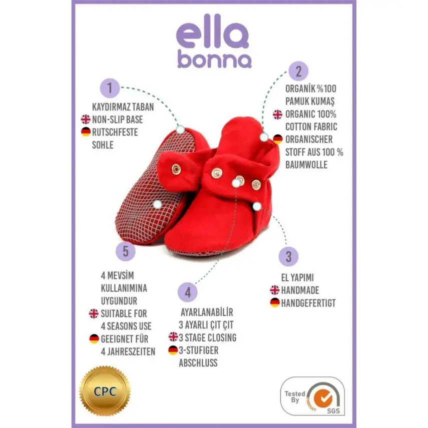 Ella Bonna Unisex Ev Botu Organik Pamuk Kaydırmaz Taban Bordo - 4