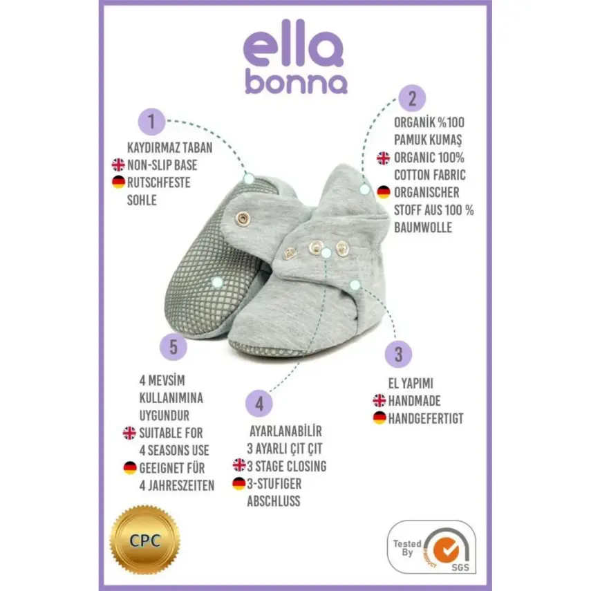 Ella Bonna Unisex Ev Botu Organik Pamuk Kaydırmaz Taban Gri - 2