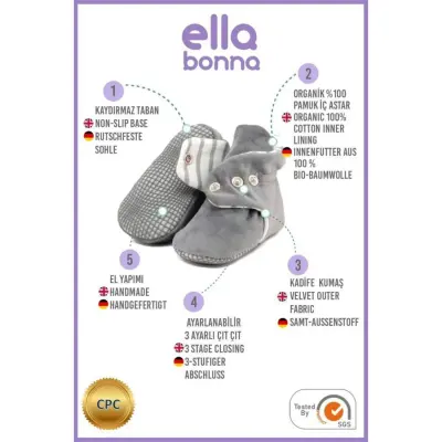 Ella Bonna Unisex Ev Botu Organik Pamuk Kaydırmaz Taban Gri - 3
