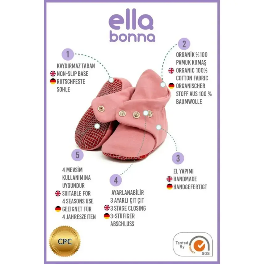 Ella Bonna Unisex Ev Botu Organik Pamuk Kaydırmaz Taban Gül Kurusu - 4