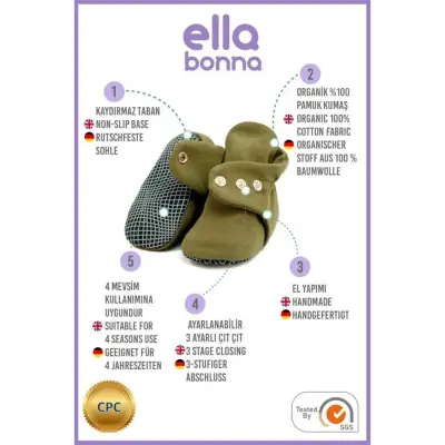 Ella Bonna Unisex Ev Botu Organik Pamuk Kaydırmaz Taban Haki - 10
