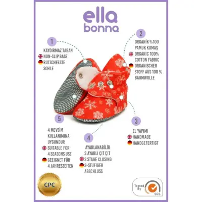 Ella Bonna Unisex Ev Botu Organik Pamuk Kaydırmaz Taban Kırmızı - 4