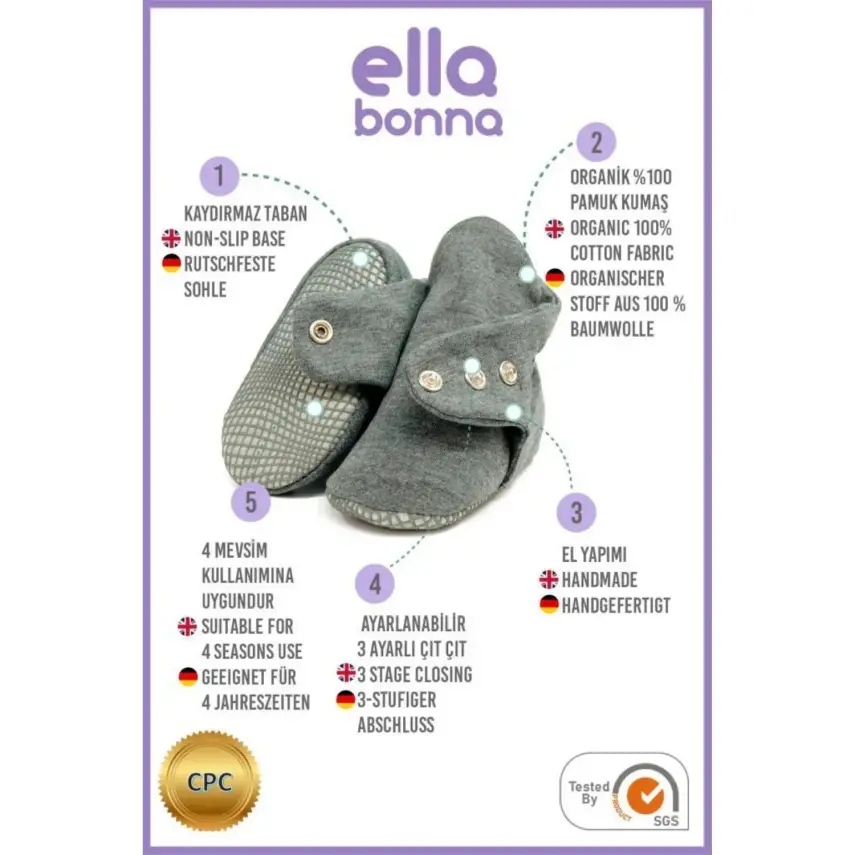 Ella Bonna Unisex Ev Botu Organik Pamuk Kaydırmaz Taban Koyu Gri - 3