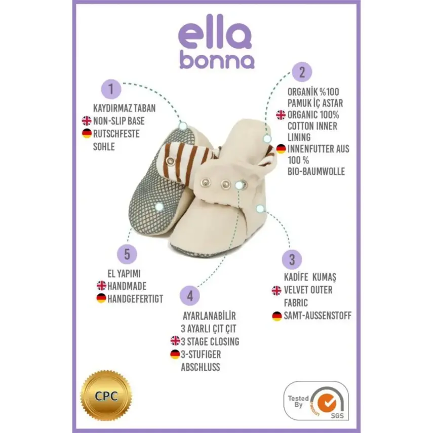 Ella Bonna Unisex Ev Botu Organik Pamuk Kaydırmaz Taban Krem - 5