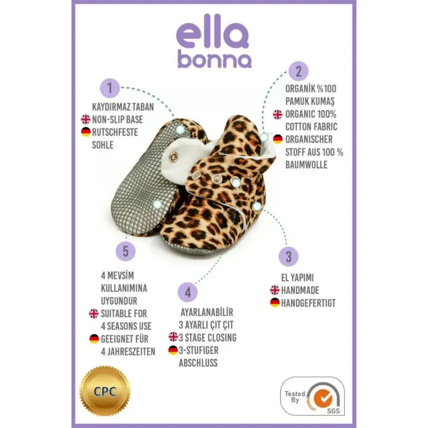 Ella Bonna Unisex Ev Botu Organik Pamuk Kaydırmaz Taban Leopar - 6